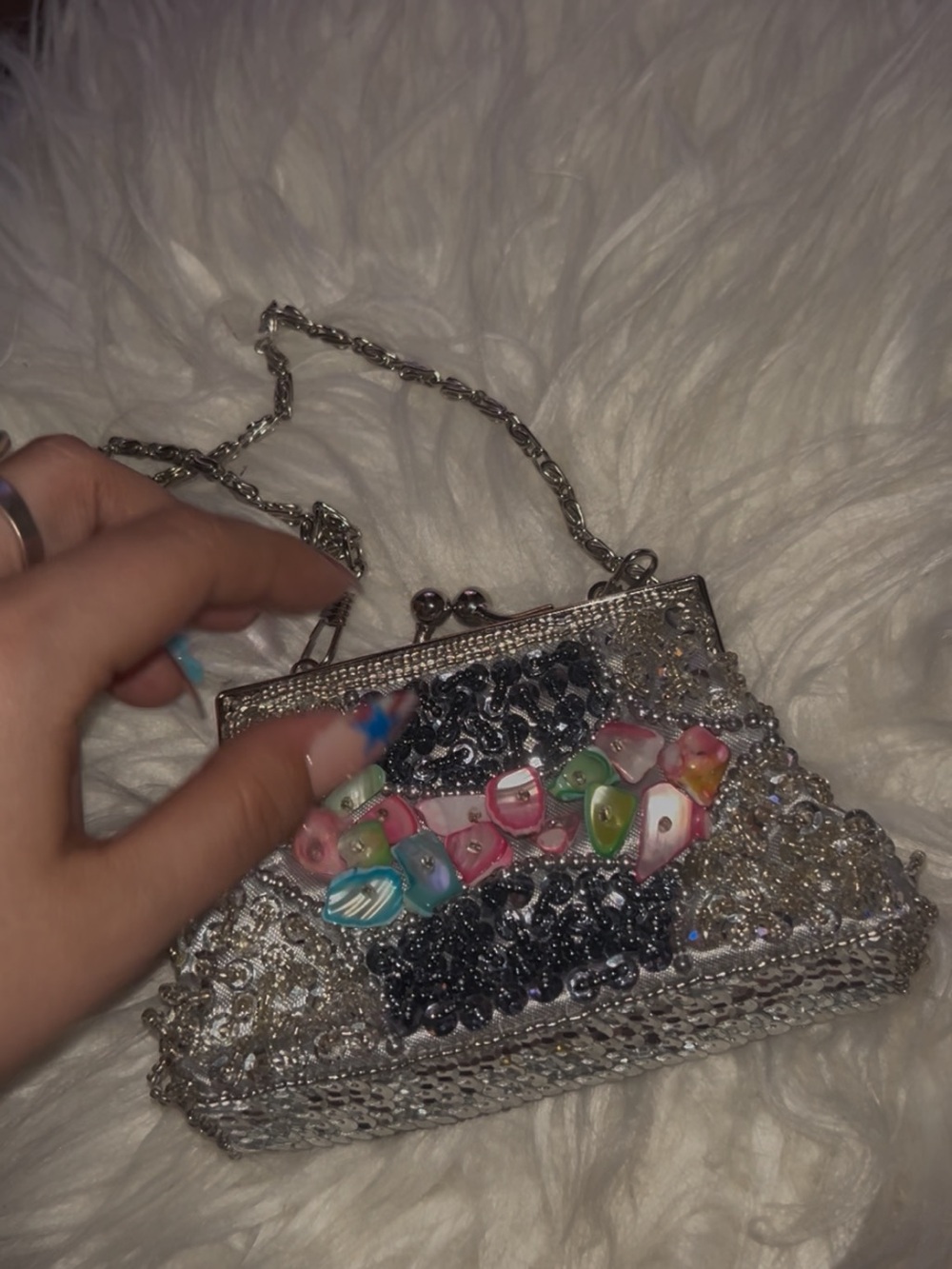 Vintage Y2k INS Beaded Silver Mini Evening Bag with Multicolor Shell Accents